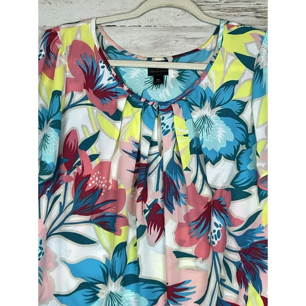 Worthington Womens Blouse Size XL Floral Pleated Scoop Neck Short Sleeves - Picture 2 of 7